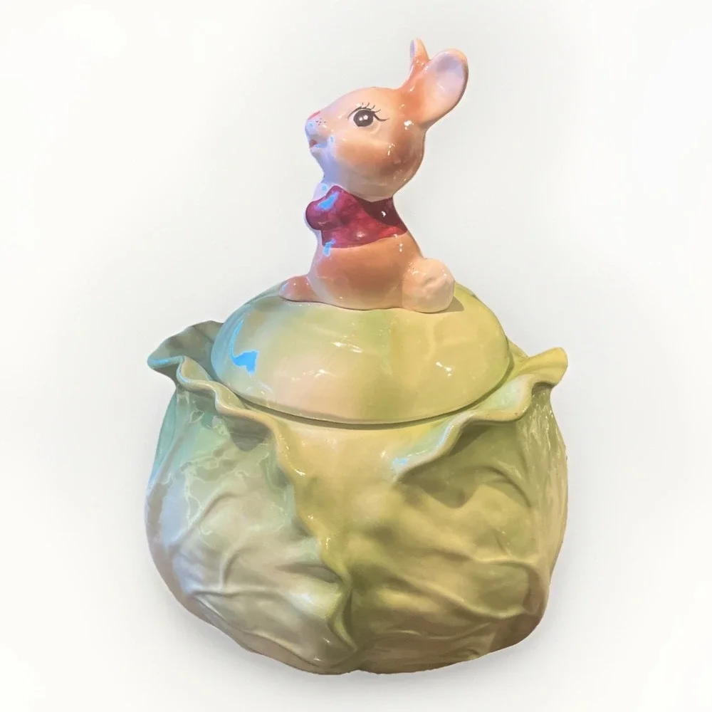 Vintage Metlox Poppytrail Bunny Rabbit On Cabbage Ceramic Cookie Jar